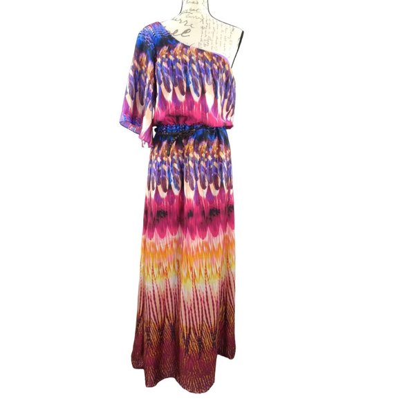 Bisou Bisou One shoulder boho tie dye style maxi flow lined dress w/belt US 8 - Picture 4 of 15
